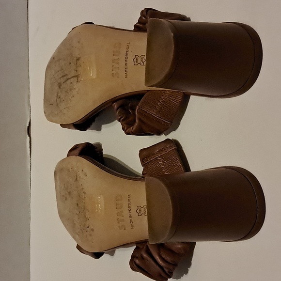 Staud Brown Frankie Ruched Sandals Heeled Block Heel Two Strap Preowned - Picture 8 of 10